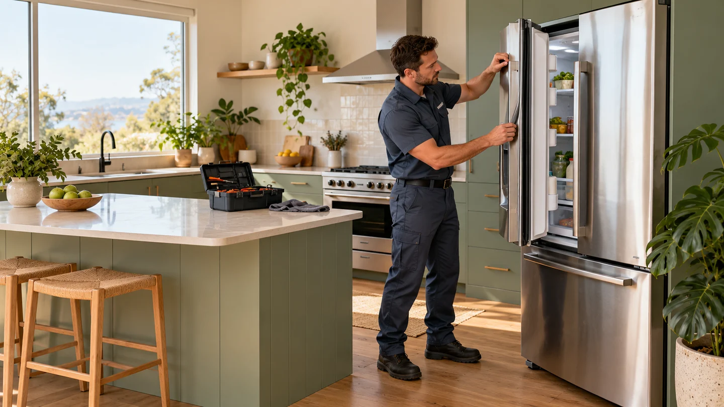 Illustrative appliance technician in a light Australian kitchen