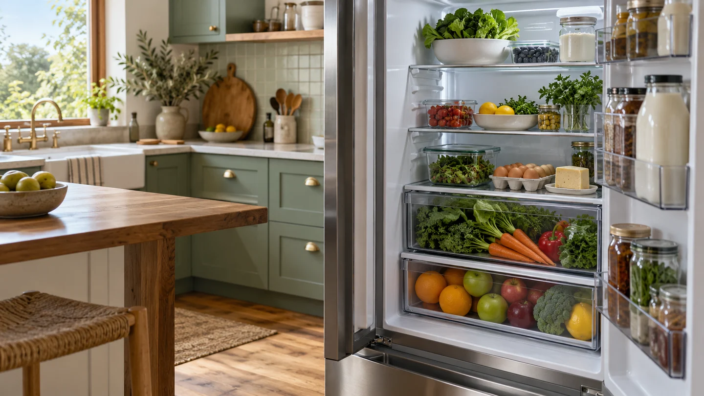 An open refrigerator with organised shelves in a contemporary kitchen