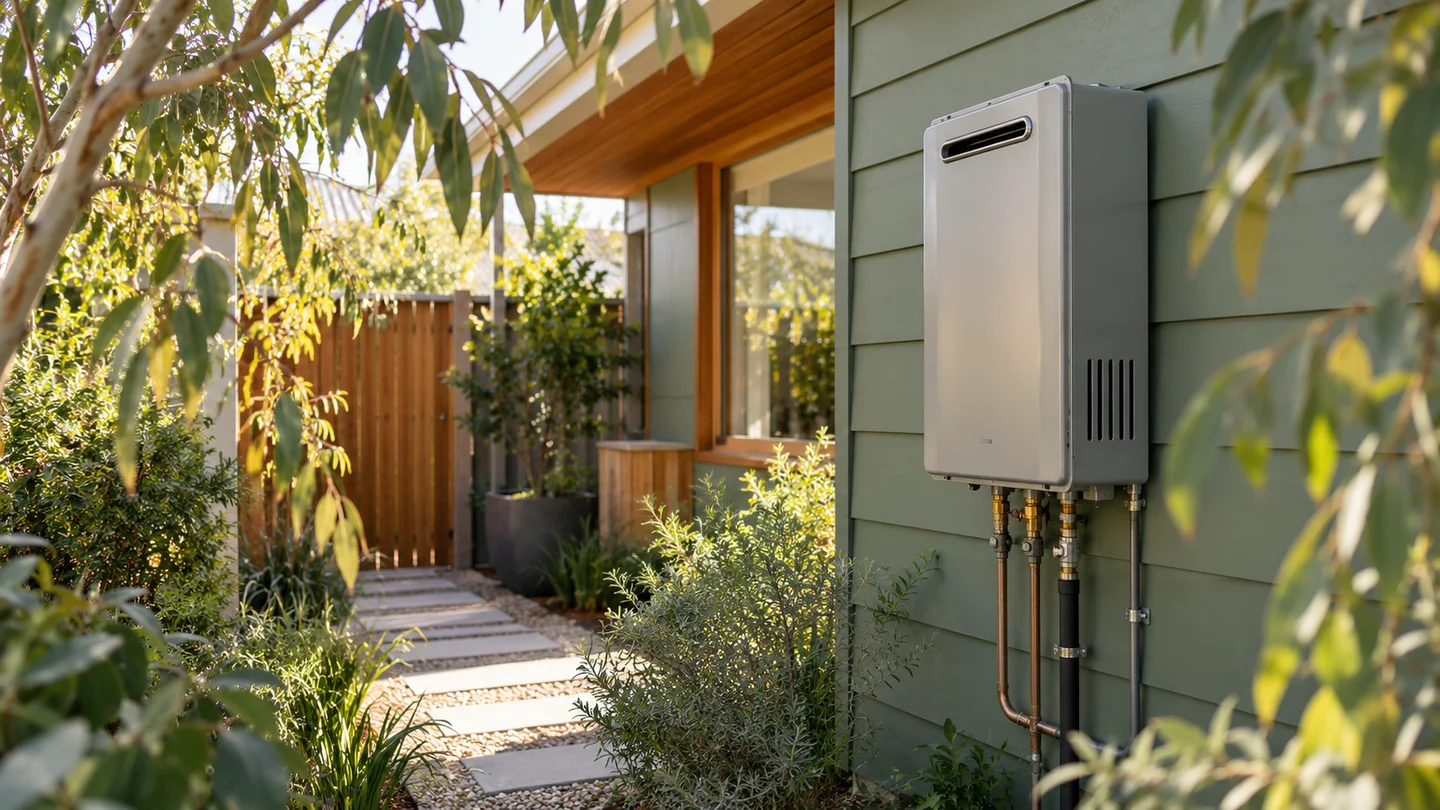 An exterior gas water heater beside an Australian garden