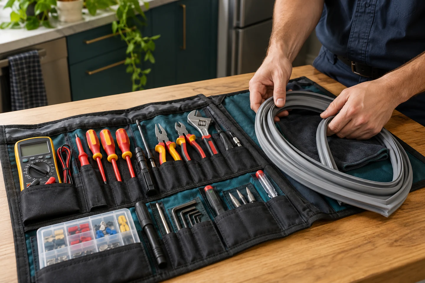 A careful arrangement of appliance service tools on a timber bench